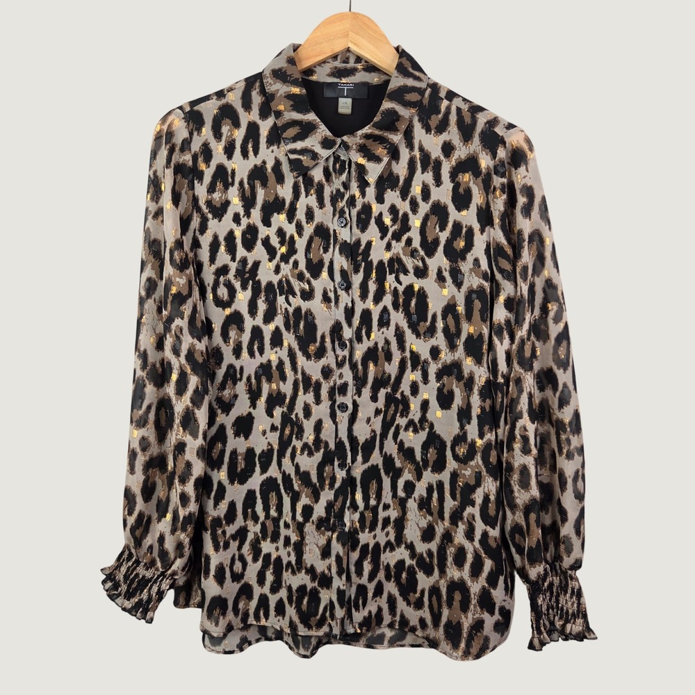 Tahari Women's L Leopard Chiffon Blouse Metallic Gold Button Front Office Siren